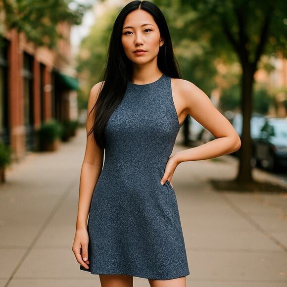 Athleta Sleeveless A-Line Swing Dress Blue Patterned Modal Spandex Size Large - Picture 1 of 8
